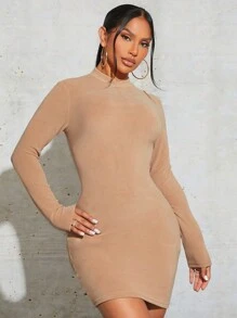 SHEIN SXY Mock Neck Bodycon Dress - Mocha Brown - View 1