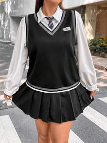 Flirla Plus 1pc Letter Patched Striped Trim Tank Top - Black - View 5