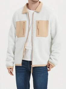 Manfinity Sport Corelite 男士拼接面拉鏈開襟絨毛戶外夾克 - 白色 - 查看 1