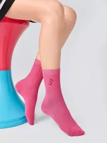 SHEIN 1pair Pink Double-needle Embroidery Mid-calf Socks