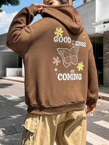 Flirla Plus Size Butterfly & Slogan Graphic Drop Shoulder Drawstring Sweatshirt - Brown - View 3