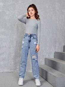 SHEIN Chica adolescente Jeans desgarro con bolsillo oblicuo - Azul lavado medio - Ver 1