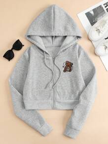 SHEIN EZwear 小熊刺繡拉鏈開襟加絨內裏抽繩連帽衫 - 灰色 - 查看 1