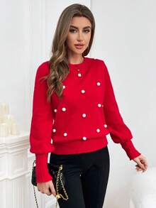 SHEIN Privé Lantern Sleeve Pom Pom Detail Sweater - Red and White - View 5