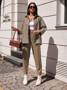 EURMUSE Plaid Print Drop Shoulder Shirt & Pants - Camel - View 5