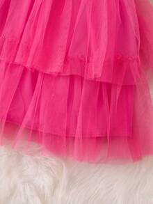 SHEIN Young Girl Letter Graphic Mesh Hem Dress & Fuzzy Coat - Multicolor - View 4