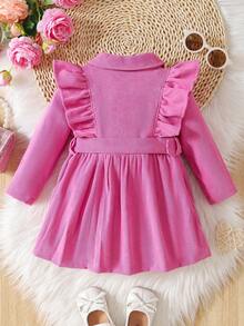 Baby Girl Ruffle Trim Double Breasted Belted Dress - Hot Pink - View 2