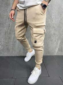 Manfinity Homme Men Flap Pocket Drawstring Waist Sweatpants Plain Street Wear Cargo Sweatpants, For Husband, Boyfriend Gifts - Beige - View 1