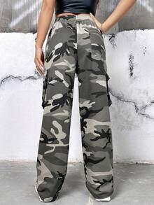 SHEIN Coolane Camo In Túi nắp bên cạnh Eo dây rút Quần Cargo - Nhiều màu - Xem 2