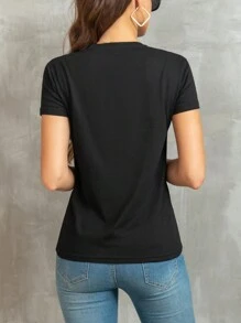 SHEIN Essnce Letter Print T-shirt - Black - View 2