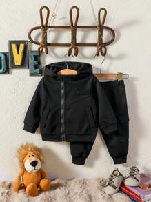 Baby Boy Solid Zip Up Hooded Jacket & Sweatpants - Black - View 1