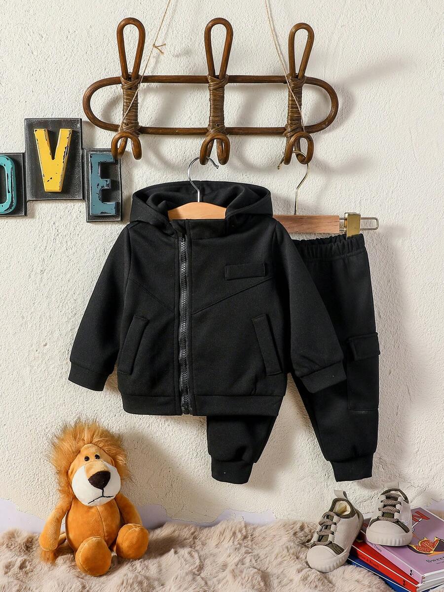 Baby Boy Solid Zip Up Hooded Jacket & Sweatpants - Black - View 1