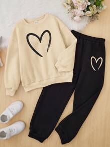 SHEIN Cô gái Tween In Trái tim Lót nhiệt Áo len & Quần nỉ - Màu be - Xem 1