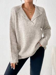 SHEIN Frenchy Cổ áo Thả vai Áo len - Màu Khaki - Xem 6