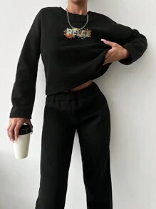 EURMUSE Letter Graphic Drop Shoulder Tee & Pants - Black - View 4