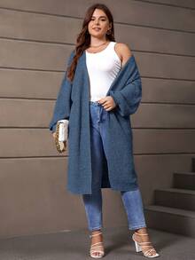 SHEIN LUNE Plus Drop Shoulder Duster Cardigan - Blue - View 4