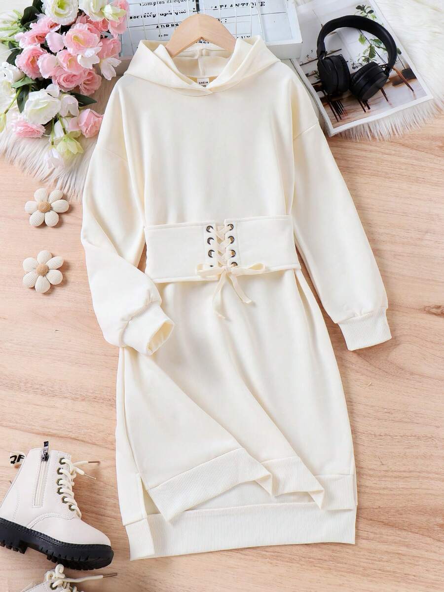 SHEIN Tween Girl Lace Up Front Drop Shoulder Hooded Sweatshirt Dress - Apricot - View 1