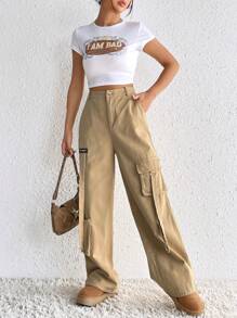 SHEIN EZwear 字母補丁細節側翻蓋口袋工裝褲 - 卡其色 - 查看 3