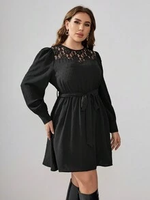 SHEIN Clasi Plus Size Swiss Dot Lace Patchwork Lantern Sleeve Dress With Belt - Black - View 3