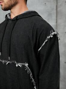 SHEIN Manfinity Homme Loose-Fit Men's Denim Jacket With Drawstring Hood And Frayed Details - Black - View 5
