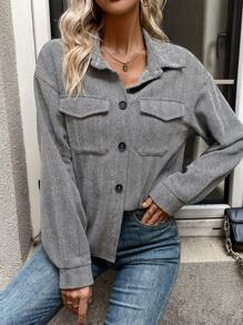 SHEIN LUNE 翻蓋口袋落肩袖外套 - 灰色 - 查看 5