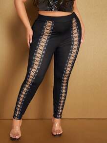 SHEIN SXY Quần legging nữ cỡ lớn in họa tiết buộc dây, có chun co giãn, gợi cảm, thích hợp cho câu lạc bộ đêm giao thừa. - Nhiều màu - Xem 5