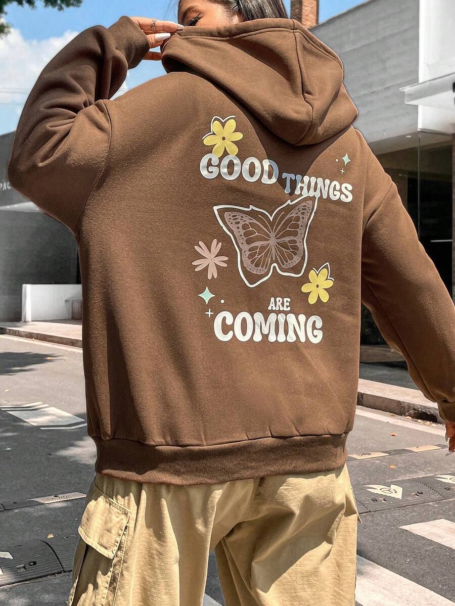 Flirla Plus Size Butterfly & Slogan Graphic Drop Shoulder Drawstring Sweatshirt - Brown - View 1