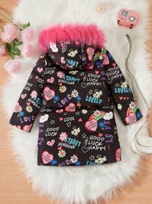 SHEIN Young Girl Letter & Floral Print Fuzzy Trim Hooded Padded Coat - Black - View 2