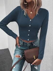 SHEIN LUNE 素色前紐扣短款開衫 - 藏蓝色 - 查看 6