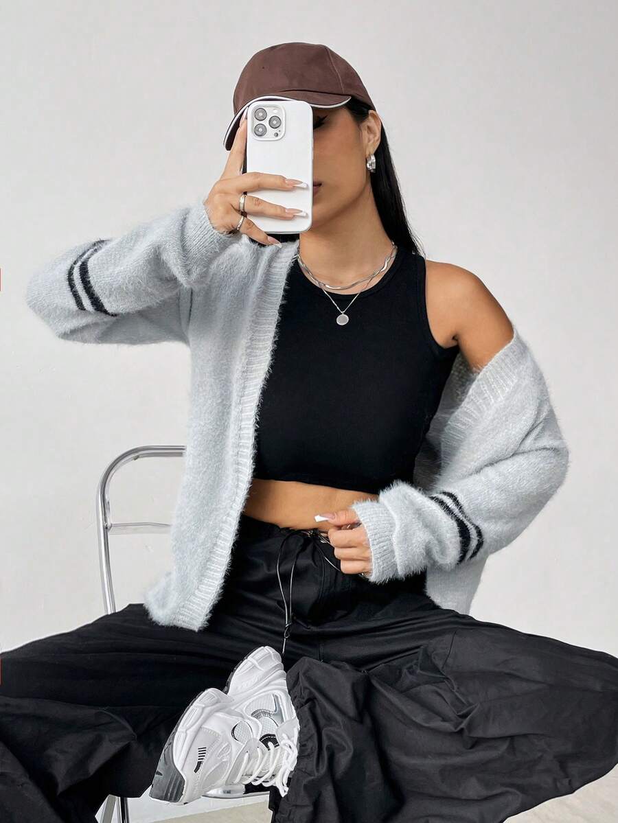 SHEIN Unity Sọc trang trí Thả vai Áo len Duster - Xám - Xem 1