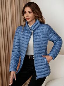 拉链斜口袋夹棉大衣 - 淺藍色 - 查看 1