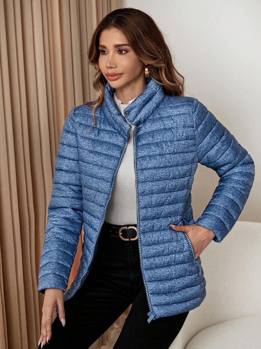 拉链斜口袋夹棉大衣 - 淺藍色 - 查看 1