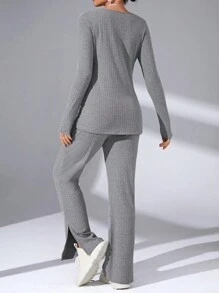 SHEIN Essnce Solid Ribbed Knit Tee & Split Hem Pants - Grey - View 2