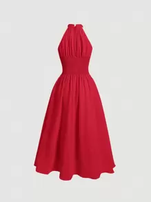 SHEIN MOD Solid Ruffle Trim Ruched Halter Red Long Dress,Valentine Outfits