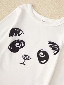 Cô Gái Trẻ Gấu trúc In biểu thức Tay áo dài Dài Quần Vừa Khít Bộ mặc nhà - Hồng - Xem 4