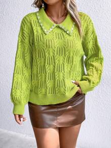 SHEIN LUNE Plus Pearls Beaded Drop Shoulder Pointelle Knit Sweater - Green - View 7
