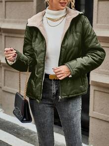 SHEIN LUNE 女士纯色前拉链连帽保暖内衬短款休闲加厚棉服外套，冬季服装 - 軍綠色 - 查看 4