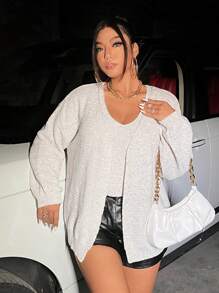Celure Plus Size Drop Shoulder Cardigan & Tank Knit Top