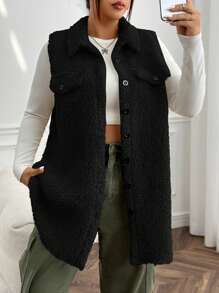 SHEIN EZwear Áo khoác vest Teddy có chi tiết vạt kép, cho mùa đông - màu đen - Xem 6