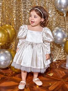 SHEIN Baby Girl Gigot Sleeve Contrast Mesh Party Dress - Apricot - View 1