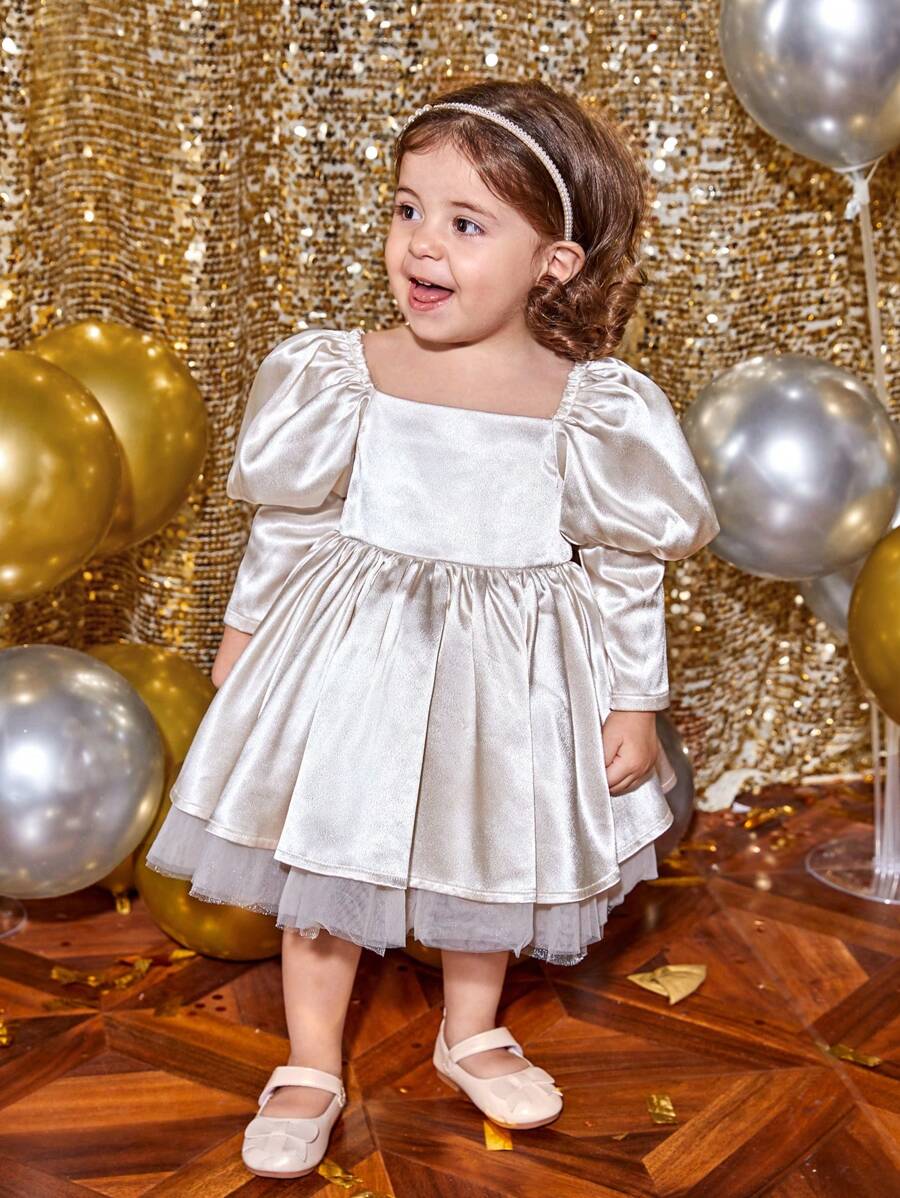 SHEIN Baby Girl Gigot Sleeve Contrast Mesh Party Dress - Apricot - View 1