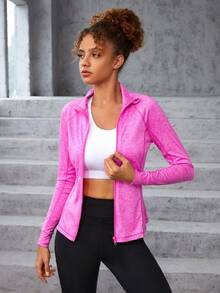 SHEIN Teen Girl Zip Up Raglan Sleeve Sports Jacket - Hot Pink - View 3