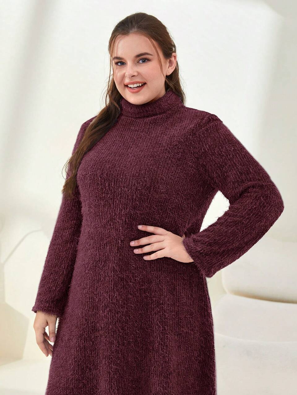 Plus High Neck Fuzzy Dress Without Belt