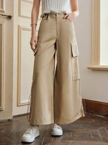 Anewsta Drawstring Wide Leg Cargo Pants - Khaki - View 1