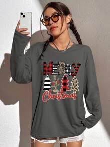 INAWLY 圣诞印花落肩 T 恤 图案 T 恤 女式上衣 - 灰色 - 查看 6