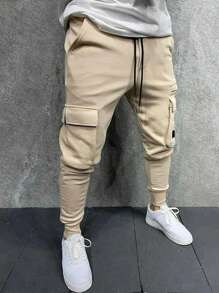 Manfinity Homme Men Flap Pocket Drawstring Waist Sweatpants Plain Street Wear Cargo Sweatpants, For Husband, Boyfriend Gifts - Beige - View 3