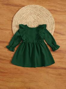 SHEIN Baby Girl Floral Embroidery Ruffle Trim Flare Sleeve Dress - Dark Green - View 2