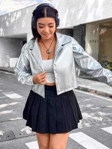 SHEIN Coolane Hơn Tay Raglan chất liệu da PU Áo khoác - Bạc - Xem 6