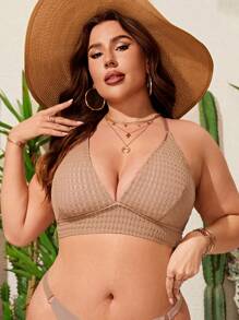SHEIN Swim Curve Hơn Chất rắn Ren hở lưng Áo bikini - Màu be - Xem 4