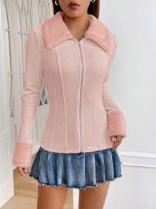 SHEIN MOD Cổ áo Borg Dây kéo Áo khoác - Hồng - Xem 6